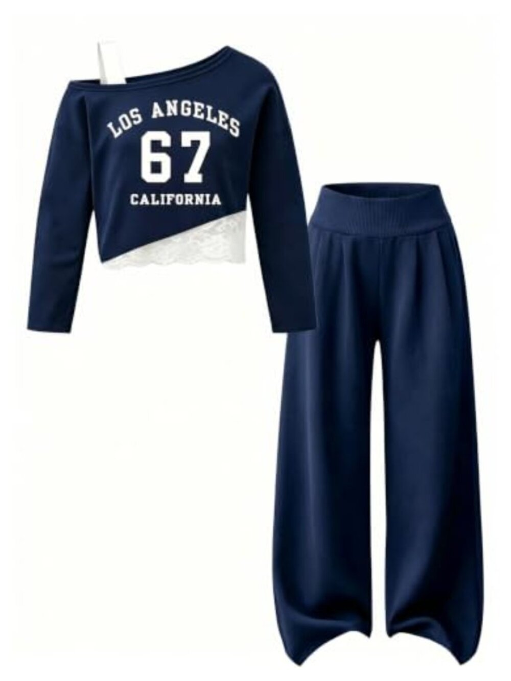 Girls 2pc Off Shoulder Crop Sweatshirt Wide Leg Sweatpants Set Cotton French